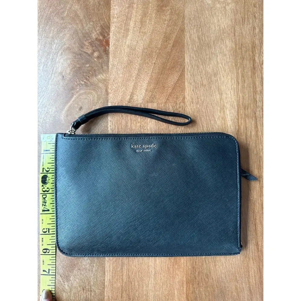Kate Spade New York Black Saffiano Leather Wristlet Pouch Clutch Gold Zip